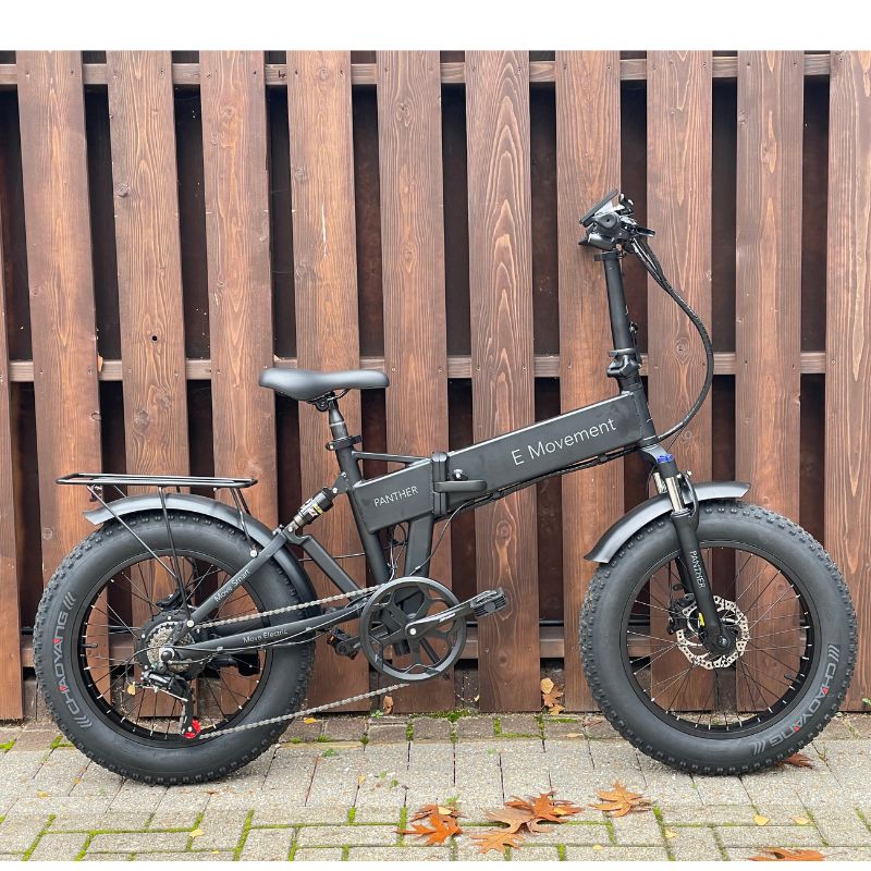 Emovement Panther folding ebike in front of fence