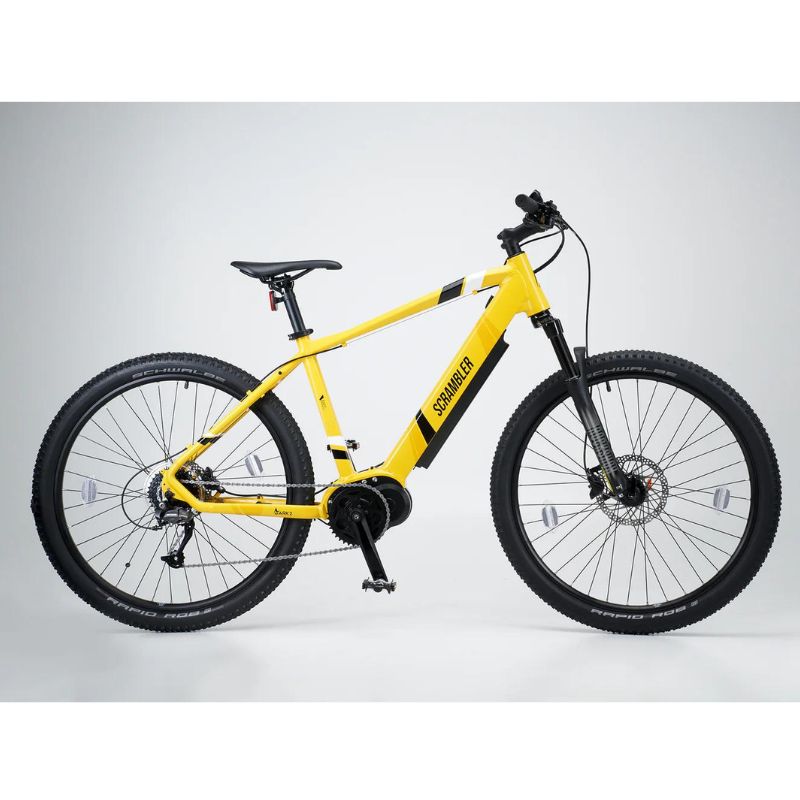 Mark2 Scrambler CL yellow Ebike side view with motor